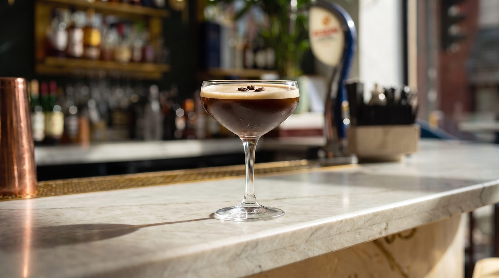 The bar at Armenian, Manchester, with an espresso martini on the marble counter